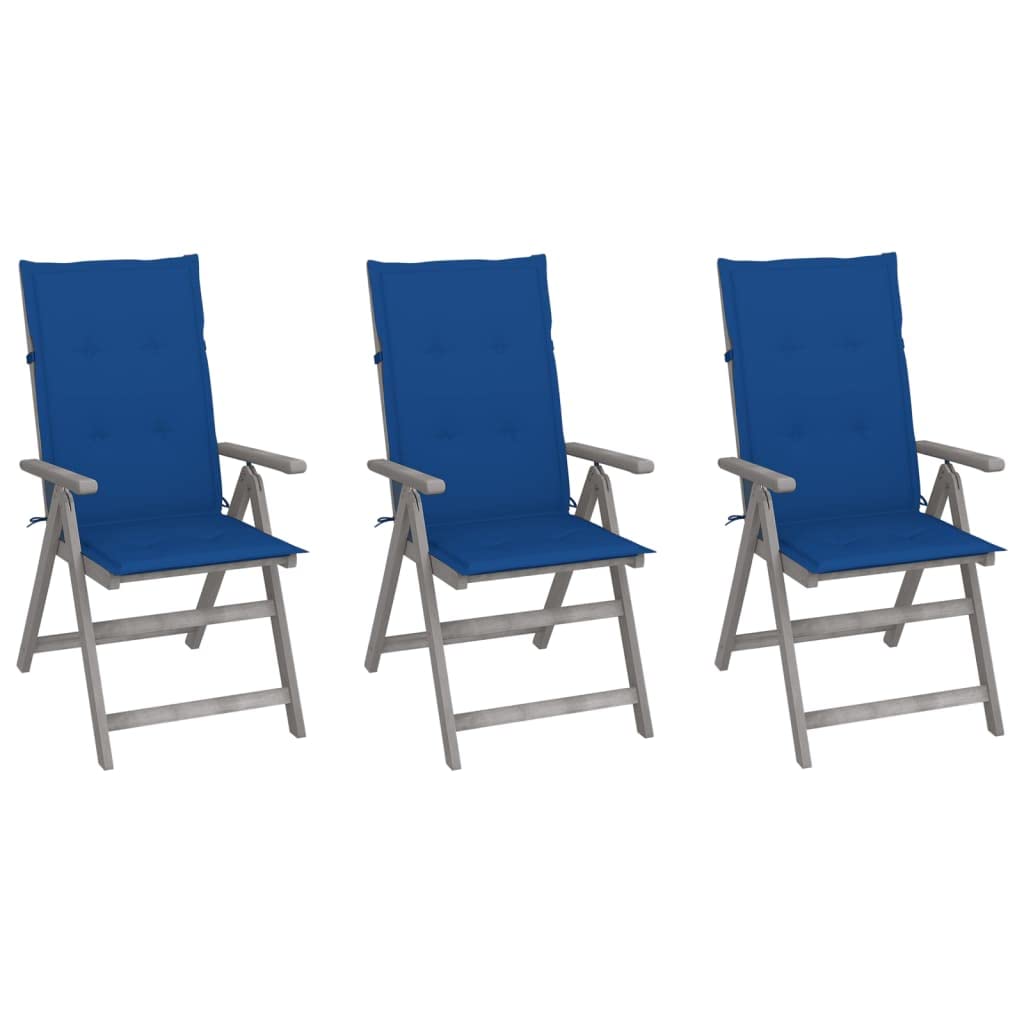 Chaise de jardin réglable en acacia lot de 3 avec coussins bleus