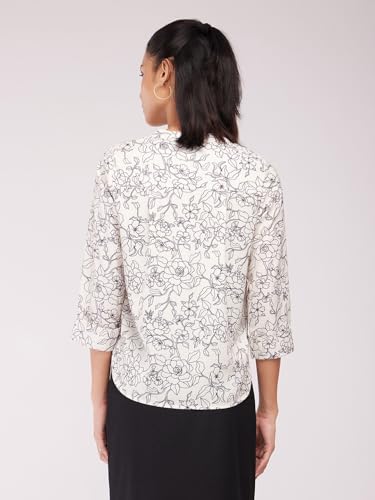 Image of FableStreet Women Shirt Work & Casual | Relaxed Fit Mandarin V-Neck Three-Quarter Sleeves Solid Pattern | Breathable Woven Fabric for Office & Everyday Wear