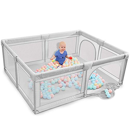 LMIM Corralito para bebés, Patio del Centro de Juegos de Seguridad para niños, Corralito Extra Grande para Interiores y Exteriores pequeños con Puertas, Valla Resistente contra caídas portátil, Gris
