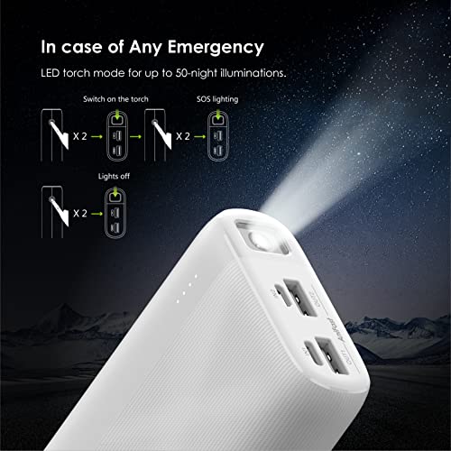 Image of Oraimo 20000mAh Power Bank with 2.1A Fast Charging,Triple Output, Power Delivery, Type C &Micro Input,Multi-Layer Protection with LED Torch (White)
