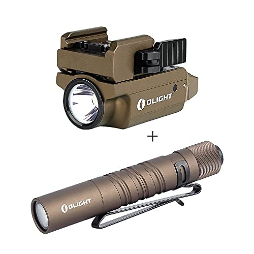 OLIGHT PL-Mini 2 Valkyrie 600 Lumens Magnetic USB Rechargeable Compact Weaponlight with Adjustable Rail Desert Tan, Bundled with I3T EOS Desert Tan 180 Lumens AAA Flashlight