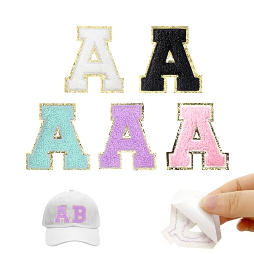 Yovell Self-Adhesive Iron on Letters 5 Pcs 2.2 inch Chenille Letter Stickers Alphabet Embroidered Applique Stick On Patches for Clothing Jackets Backpack Hat DIY Phone Bags (A)