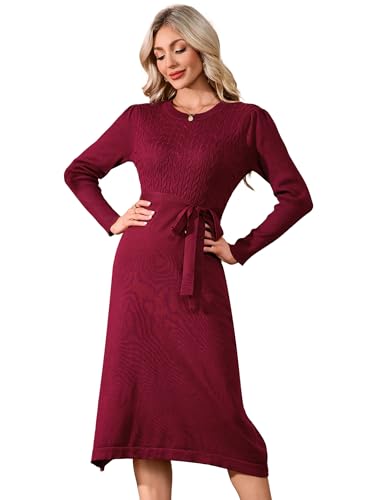 YesFashion Damen Strickkleid Winter Langarm Pulloverkleid Festlich Elegant Wickelkleid Knielang Winterkleid mit Gürtel Rot M