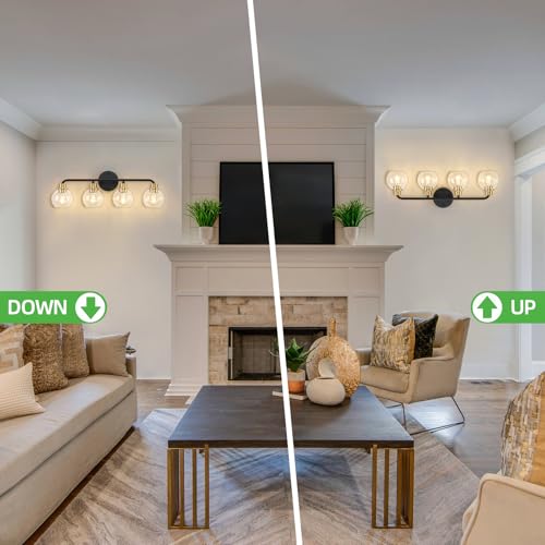 Image of 4 Light Bathroom Vanity Light, Black and Gold Bathroom Light Fixtures | with Clear Glass Shade Modern Wall Sconces Lighting Bath Wall Lights Lamp for Mirror Kitchen Living Room Bedroom Hallway
