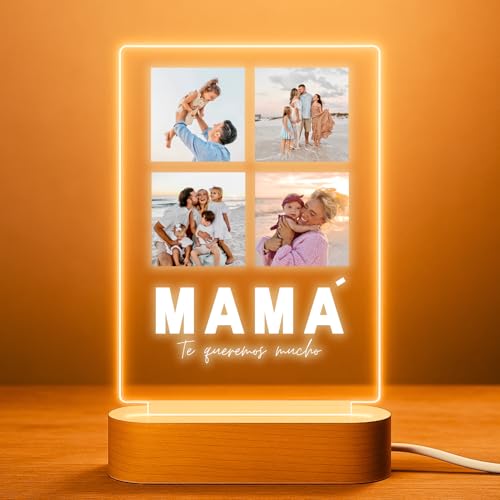 Cristal Plaque - Lámpara Personalizada MAMÁ con 4 Fotos y Mensaje | Placa de Metacrilato con Luz LED y Base de Madera USB | Regalo Original para Mamá