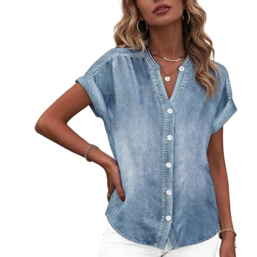 LOZ Women's Casual Denim Shirt V Neck Button Down Short Sleeve Fashion Jean Shirt Tops Loose Spring Summer Shirts Light Blue