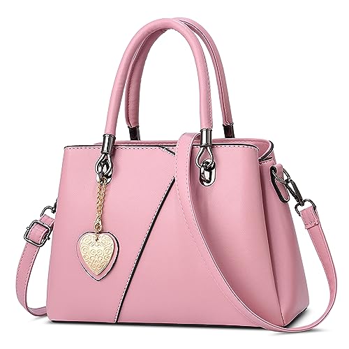 FOLOVEYA Elegant Women Handbags Lady Top Handle Bags Stylish Heart Pendant Crossbody Bag Shoulder Bags Tote Bag Satchel Messenger Bag PU Leather for Shopping Travel Work Dating Pink