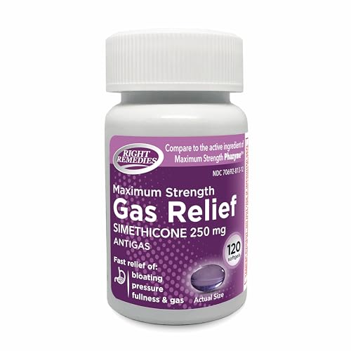 RIGHT REMEDIES Maximum Strength Gas Relief Softgels 120 Count Simethicone 250 mg Anti-Gas Pills for Bloating Pressure Fullness & Discomfort Compare to Maximum Strength Phazyme Active Ingredient