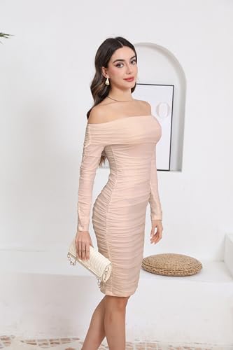 Image of Fooullaide Women's Sexy Off Shoulder Sleeveless Bodycon Ruched Midi Dress | Stretchy, Breathable, Mesh, Not See-Through, Elegant,Formal Gown, Cocktail, Evening, Party, Night Out Tube Dresses