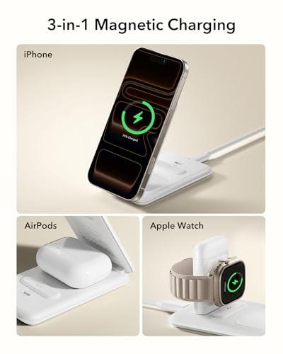 Image of ESR 3 in 1 Charging Station for Apple, [Certified] Apple Watch Charger & 15W MagSafe Charger Stand for iPhone, Travel Charger for Multiple Devices, iPhone 17-12, Watch & AirPods, White