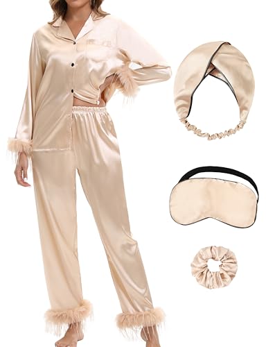MORFORU Satin Pajama Set for Women Feather Trim Long...