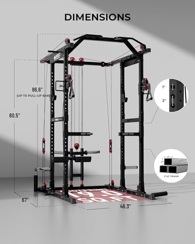 Image of Mikolo K6 2.0 Power Cage, Power Rack with Cable Crossover System, 2000LBS Squat Rack with LAT Pull Down System, Functional Trainer with Aluminum Pulley System for Home Gym