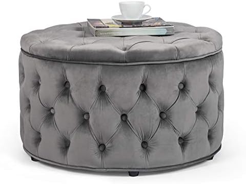 Homebeez Round Velvet Storage Ottoman, Button Tufted Footrest Stool Coffee Table for Living Room (Grey)