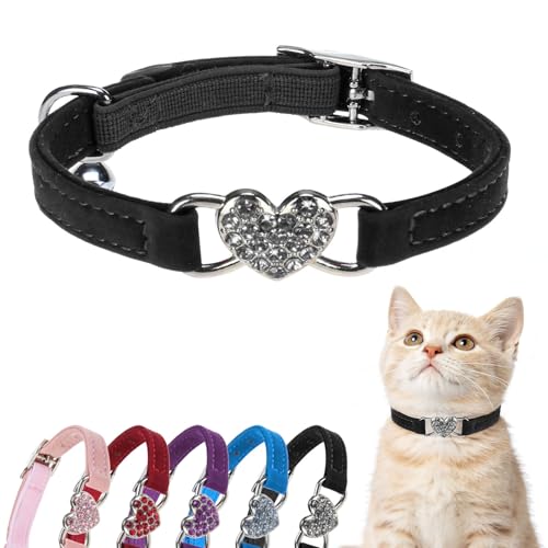 BINGPET Diamond Cat Collar,Adjustable Soft Velvet Leather Safe Kitten Collar with Crystal Heart Charm and Bells,Girl Boy Bling Stylish Cat Collars with Safety Elastic (Black, Neck Girth 8