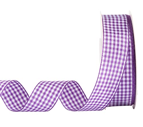 AVANAVA Gingham Plaid Ribbon 25mm - Polyester Check Woven for Crafts Gifting and Wedding (22 Meters-Roll, Purple)