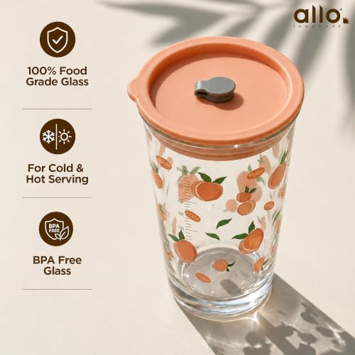 Image of Allo Reusable Glass Mug Sipper Tumbler with Straw, Unique 2 in 1 ANTI Spill Lid | Microwave Safe Leakproof Glass with Anti-Slip Grip for Hot & Cold Coffee| Car, Office, Travel use | 450ml (Pink Peach)