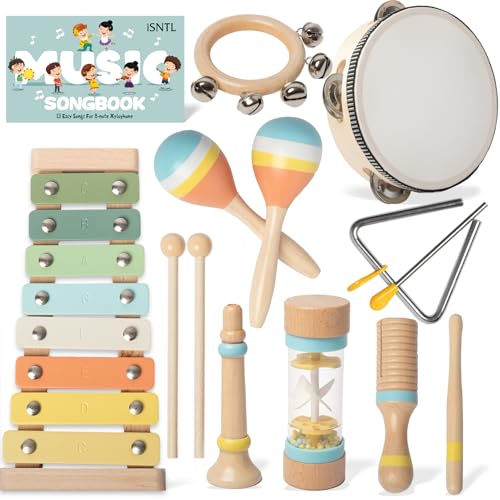 Baby Musical Instruments - Wooden Montessori Toys for Toddlers 1-3,Modern Boho Xylophone Includes Songbook with 13 Kids' Songs,Neutral Colors Wooden Percussion Instruments Set