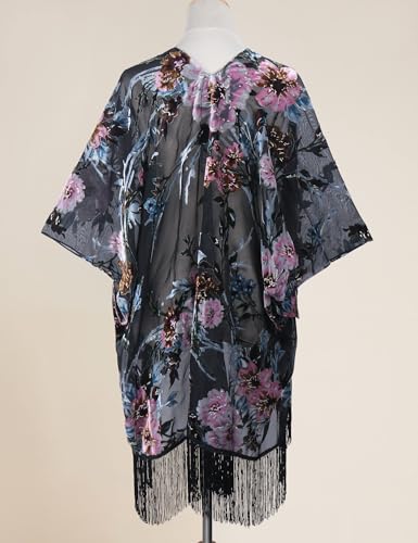 Image of MJ SERECA Women's Burnout Velvet Kimono Cardigan Cover Up with Tassel