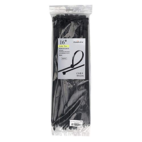 Image of 100 Pack KOOWIN 16 inch 120 Lbs Tensile Strength Self-Locking Eco-Friendly Nylon Plastic Cable Zip Ties Heavy Duty Black Wire Tie Wraps for Home, Office, Garden, Garage, Workshop (Large, 100pcs)