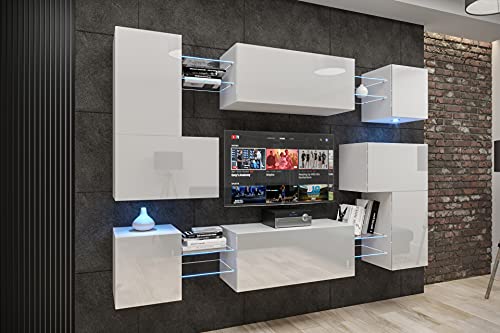 Furnitech Albana AN3N-21W-HG2-1B Meuble de salon mural moderne à suspendre avec étagères et meuble TV sans LED (Albania AN3N-21W-HG2-1B)