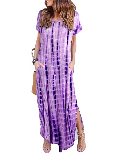 HUSKARY Womens Summer Maxi Dress Casual Loose Pockets Long Dress Short Sleeve Split -Tie Dye Purple