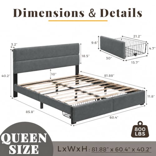 Image of Queen Bed Frame with 2 Storage Drawers, Grey Velvet Upholstered | Platform Bed with Charging Ledge, LED Headboard Lighting, Metal Support, Noise Free, No Box Spring Needed, Easy Assembly
