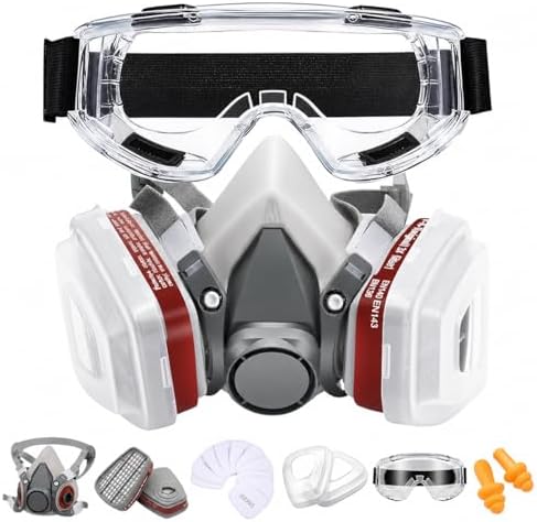 Half Face Respirator with Safety Goggles-Reusable Silicone Mask w...