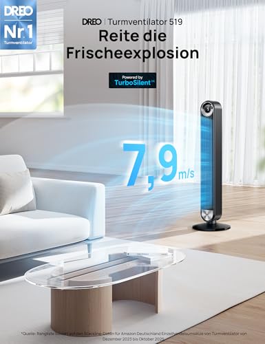 DREO Turmventilator für Schlafzimmer, DC Standventilator mit 9 Geschwindigkeiten, 25 dB Ultraleise, 90° Oszillation, bis zu 8,5 m/s Luftstrom, 12 Std. Timer, Rotorloser Ventilator für Zuhause & Büro 2