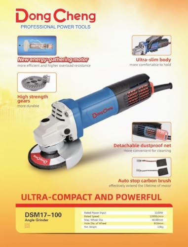 Image of DongCheng Angle Grinder | 1100W | 13000rpm | 100mm Wheel Diameter | Ultra-Slim Body | Extra Pair of Carbon Brush Included | Two Metal Cutting Wheel & One Pair Of Hand Gloves FREE | DSM17-100 |