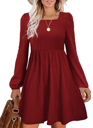 Womens Babydoll Dresses Square Neck Long Sleeve Knee Length Flowy Swing Shirring Mini Dresses Fall Dress