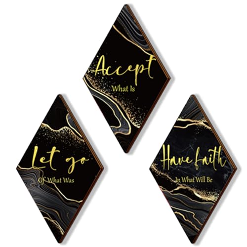3 Pcs Black And Gold Bathroom Decor Gold Wall Decor with Accept Let Go Have Faith Quote Rustic Vintage Farmhouse Wooden Hanging Signs for Women Home Laundry Living Room Bedroom(Black Gold, 12 x 7Inch)