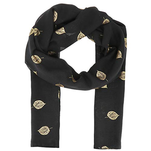 moonbow Pañuelo Mujer estampado Hoja Dorada 20% Algodón 80% Viscosa Negro - Maxi Bufanda Ligera Larga y Rectangular 180cm x 70cm - Foulard Original Brillante Moderno y de Moda - Fular Boho Cover