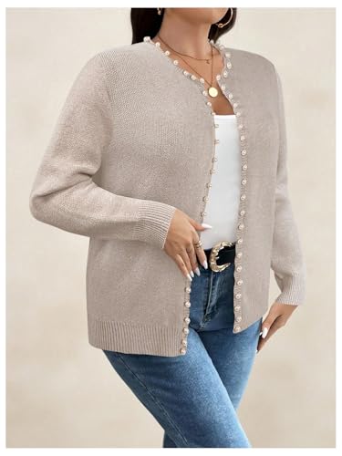 Image of BEAUDRM Women's Plus Size Pearls Beaded Cardigan Open Front Long Sleeve Casual Sweater Top