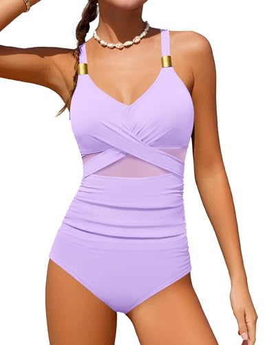 Image of Girls Swimsuit Criss Cross One Piece Swimsuits Wrap Tie Back Sheer Mesh Bathing Suit with Gold Metal Swimwear 9-16Y