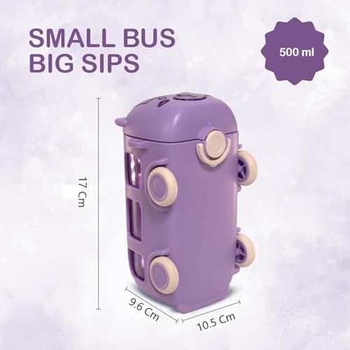 Image of PLUSPOINT Bus Water Bottle for Kids Detachable Straw Water Cup with Shoulder Strap Leak-Proof Kids Drink Cup Cute Cartoon Water Jug Toy with Wheels Toddler Bus Bottle for Boys and Girls