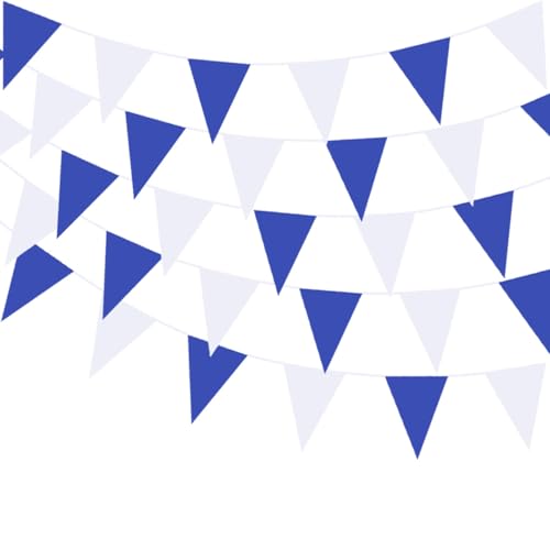 Banderines triangulares de plástico PE impermeable para decoración de fiesta de 40 metros, color azul y blanco, para cumpleaños, graduación