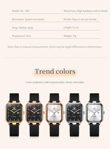 Image of OLEVS Watch for Women Quartz Square Dial Analog Wristwatch Silicone Waterproof Classic Elegant Design Ideal Daily Wear Gift