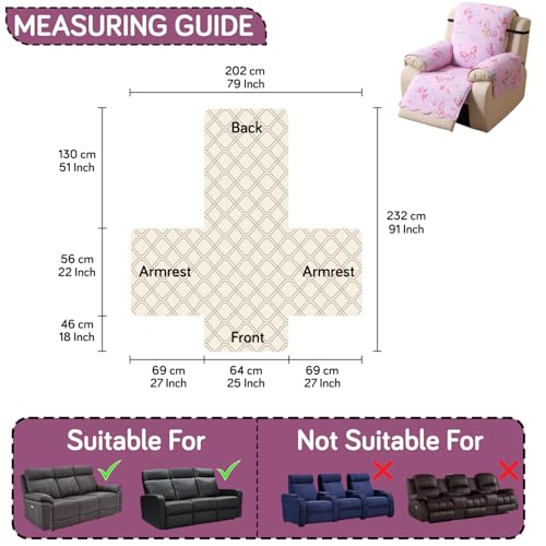 Image of HOKIPO 'FloraWave Series' Recliner Sofa Slipcover Mat for 1 Seater | 1-Piece Design & Dual Belt Protection to Avoid Slipping of Cover, Blush Pink Butterfly (AR-6264-D4)