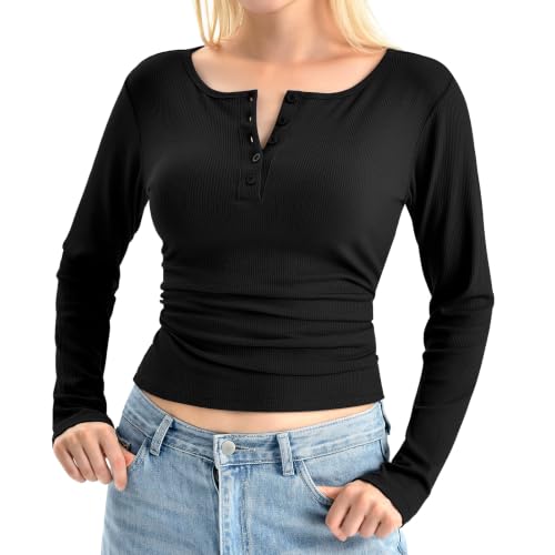 Walifrey Women's Long Sleeve Henley Shirts Ribbed Knit - image 5