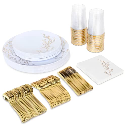 R-Kay 140 Pcs - Plastic Dinnerware Set - 20 Guest - 20 Dinner Plastic Plates For Party - 20 Appetizer Plates - 20 Gold Plastic Silverware - 20 Gold Plastic Cups - 20 Gold Napkins Disposable #TOP18