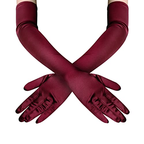 Lansian Womens 22 Long Satin Gloves White Elbow Length 1920s Opera Bridal Dance Gloves For Evening Party Opera Costume Accessory Wine Red
