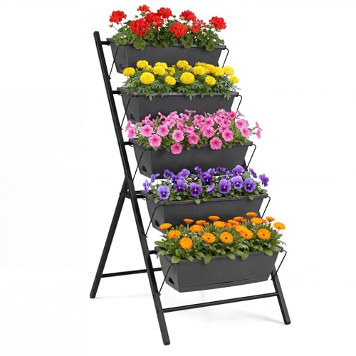 COSTWAY 5-stufiges Hochbeet vertikales Pflanzenbeet mit 5 Blumenkästen & Drainagelöchern Vertikalbeet freistehend Blumentreppe für Gemüse Kräuter Blumen 57 x 71 x 115 cm (Schwarz)