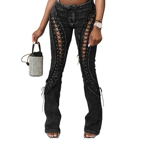 YOUFE Women's Sexy Lace Up Flare Jeans Y2K Stretch Hollow Out Skinny Denim Pants Gothic Low Rise Jeans for Women Club Black