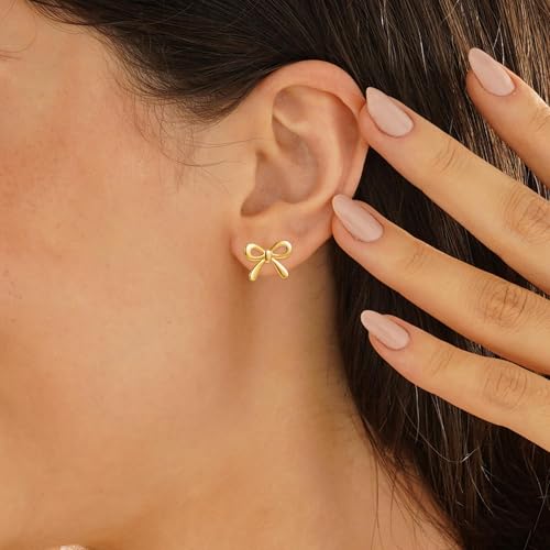 Bow Earrings for Women, 14K Gold Plated Gold Hoop Earrings Trendy Dainty Bow Pearl Earrings Gold Jewelry Hoop Earring for Women Gifts3