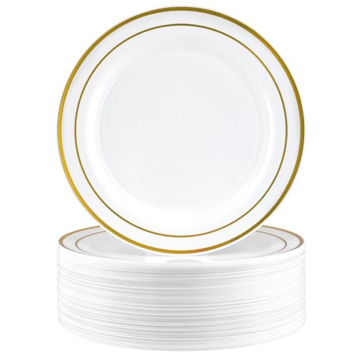 MUKSEUT Lot de 50 assiettes en plastique réutilisables de 26 cm, assiettes blanches et dorées, assiettes de fête en plastique avec bord doré, assiettes à...