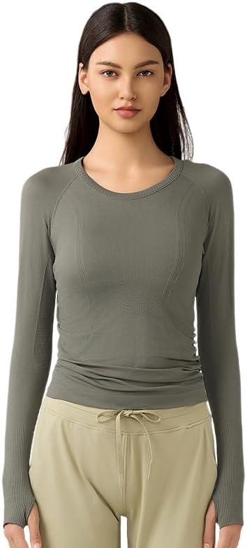 LUYAA Women's Long Sleeve Gym Shirts Yoga Sports Running Seamless Breathable Gym Athletic Top Slim Fit M Gray Green