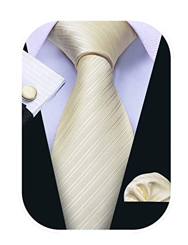 Image of Barry.Wang Tie Sets for Men Silk Stripe Necktie Woven Checkered Handkerchief Cufflinks Formal Business Wedding
