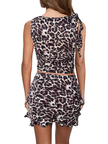 Image of Leopard Skirt Set Women Summer 2 Piece Outfits Ruffle Crop Tank Top Layered Mini Dress Going Out Outfit XS