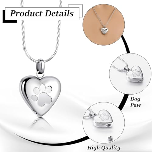 VEOIRXU Urne Kette für Asche, Anhänger Pfoten Abdruck Haustier, Herz Urne Halskette, Memorial Andenken Urne Schmuck mit Trichter-Kit für Haustier/Hunde/Katze Asche(Silber)