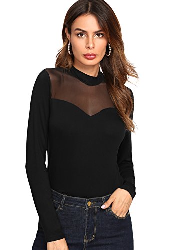 SheIn Women's Long Sleeves Slim Fit See-Through Mesh Top Large Black#